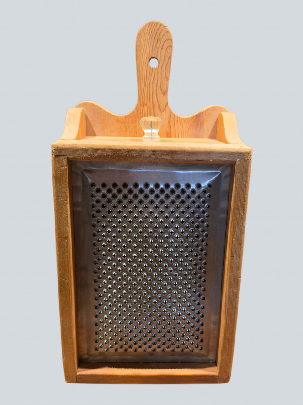 Vintage Wooden Wall Hanging Cheese Grater with Drawer and Glass Knob